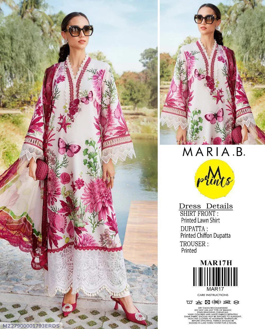 Maria B Printed Lawn 3-Piece Suit Pink Floral Butterfly