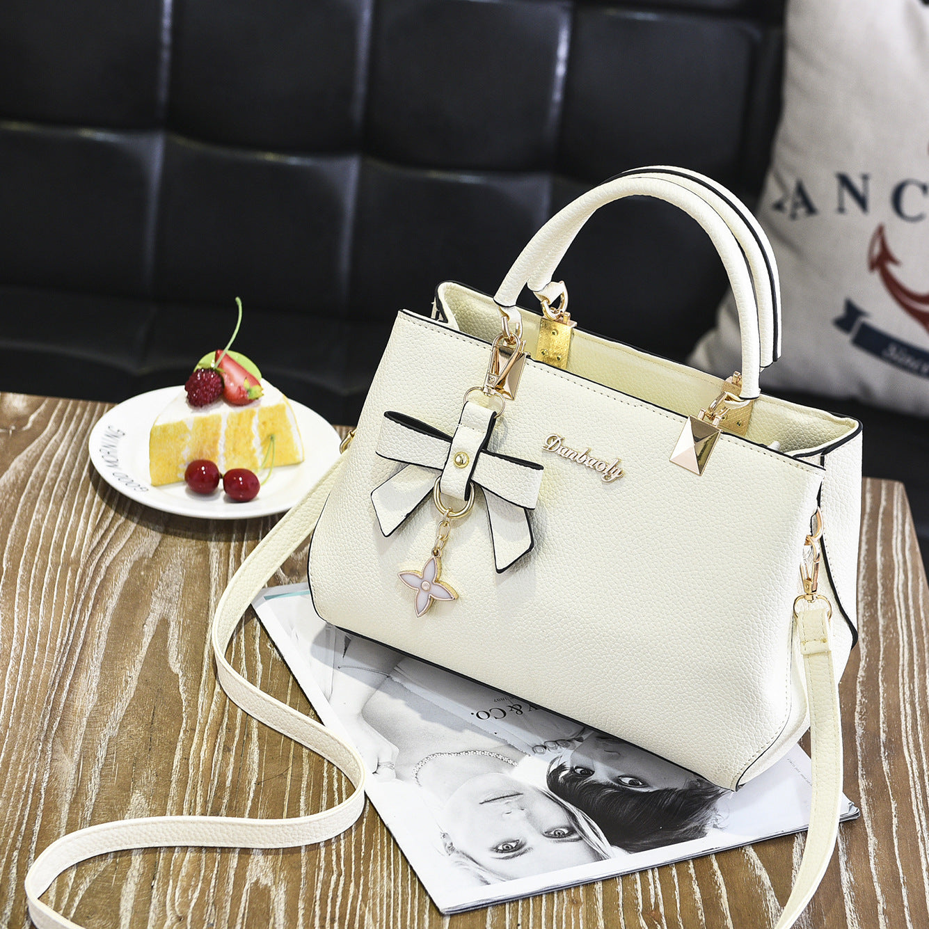 Black PU Leather Women's Shoulder Bag with Bow Charm