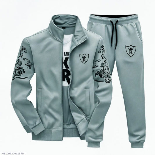Men Fleece Printed Track Suit Grey Slim Fit
