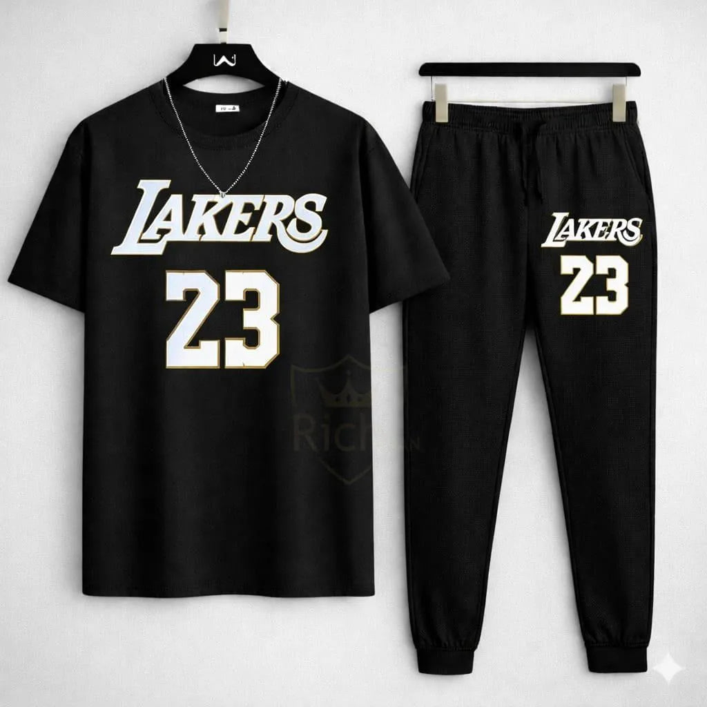 Men Black Lakers 23 Track Suit Set Cotton Summer