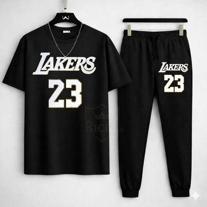 Men Black Lakers 23 Track Suit Set Cotton Summer