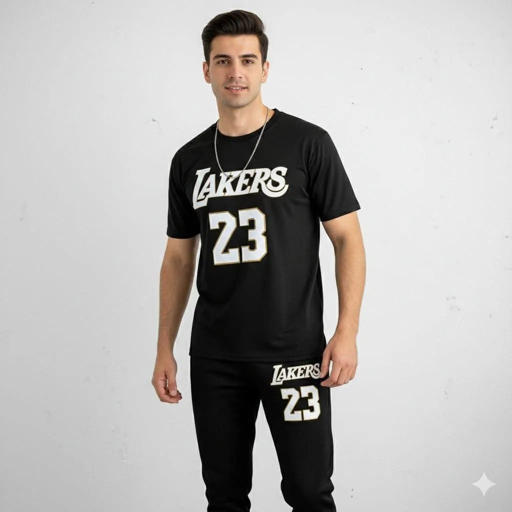 Men Black Lakers 23 Track Suit Set Cotton Summer
