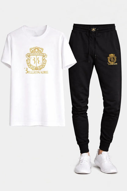 Men White Gold Crest Track Suit 2Pcs Cotton