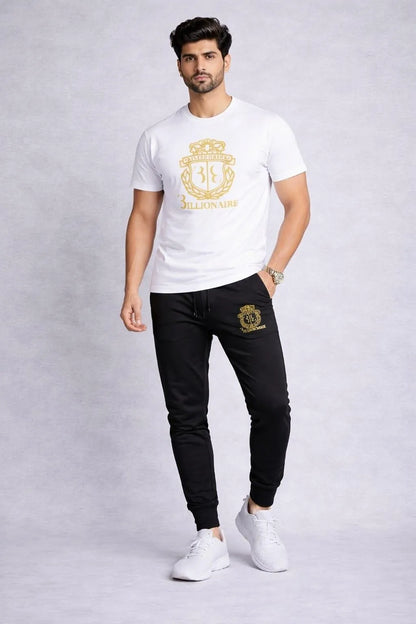 Men White Gold Crest Track Suit 2Pcs Cotton