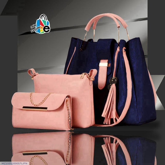 3-Piece Rexine Handbag Set Navy Pink Gold Hardware
