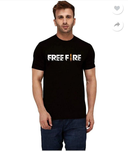 Men Black Free Fire Printed T-Shirt Cotton Round Neck