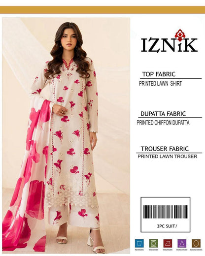 3-Piece Printed Lawn Suit Off-White Pink Floral