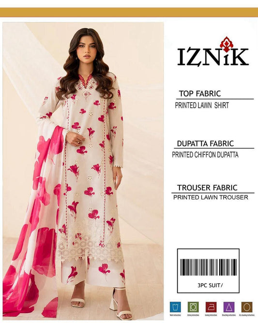 3-Piece Printed Lawn Suit Off-White Pink Floral