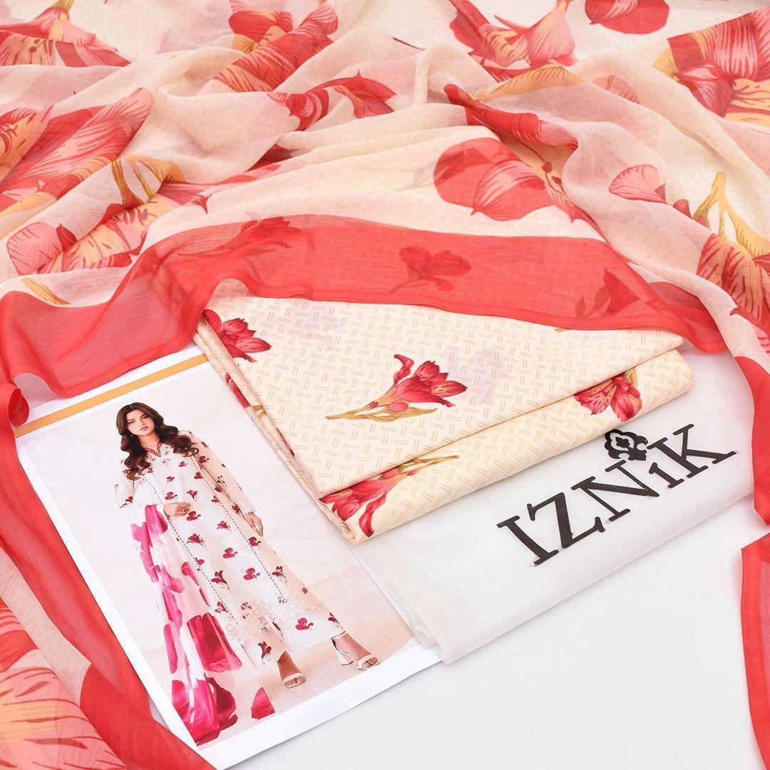 3-Piece Printed Lawn Suit Off-White Pink Floral