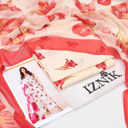 3-Piece Printed Lawn Suit Off-White Pink Floral