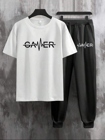 Men Gamer Graphic Track Suit White Black Full Length Pants
