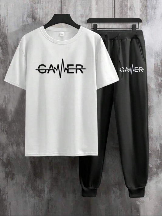 Men Gamer Graphic Track Suit White Black Full Length Pants