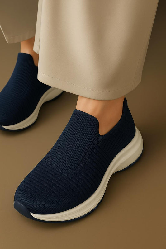Blue Knit Slip-On Walking Shoes