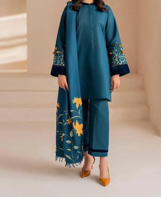 Blue Embroidered Lawn 3pcs women Suit Set
