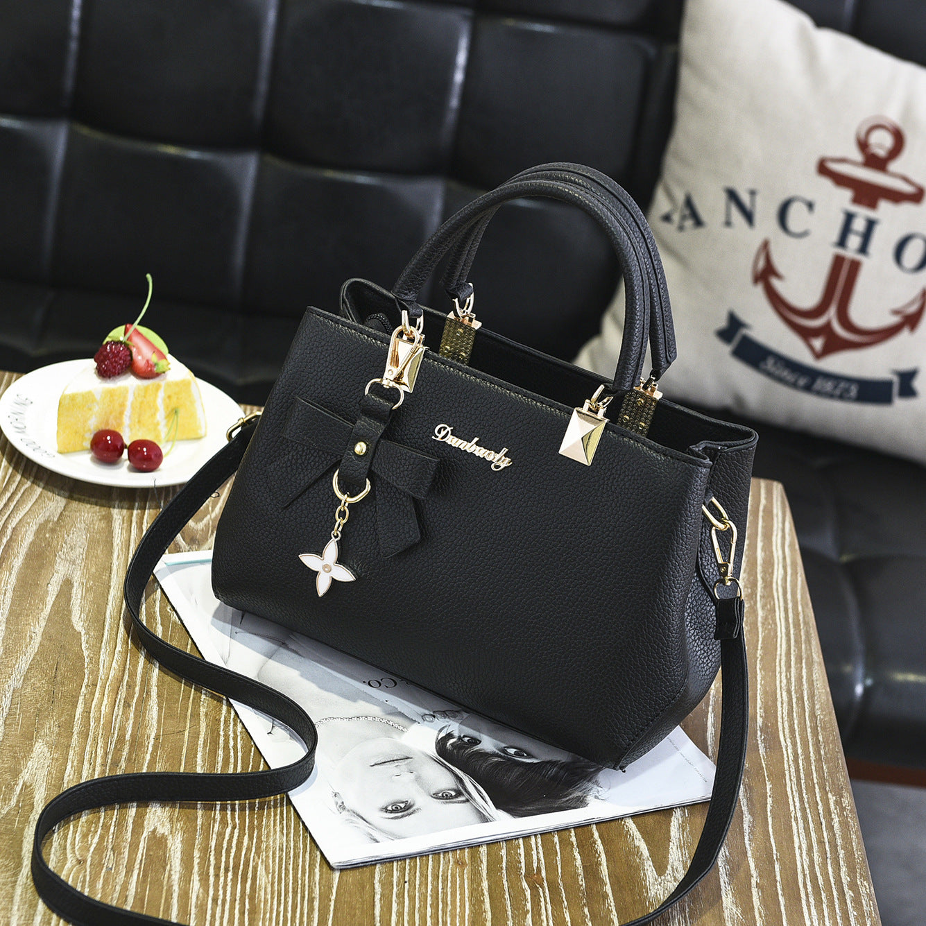 Black PU Leather Women's Shoulder Bag with Bow Charm