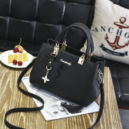 Black PU Leather Women's Shoulder Bag with Bow Charm