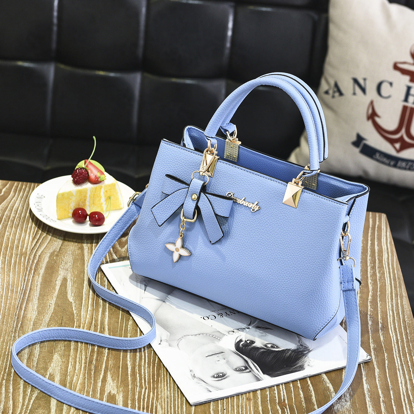 Black PU Leather Women's Shoulder Bag with Bow Charm