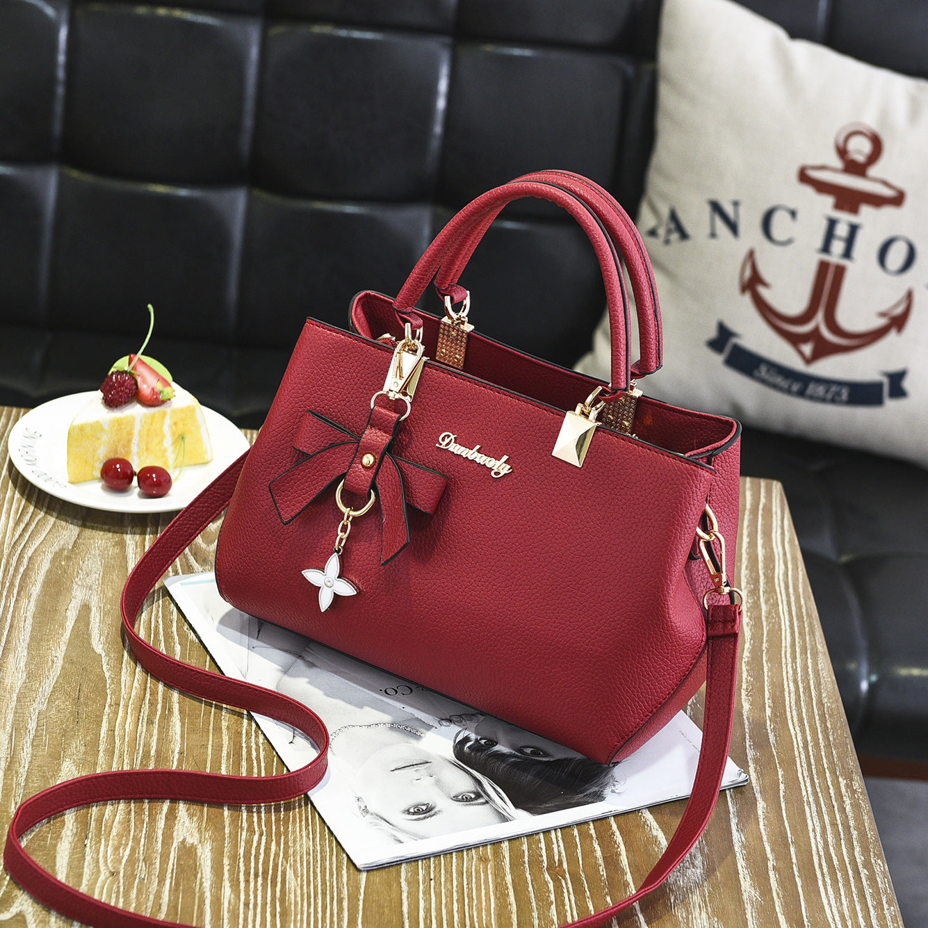 Black PU Leather Women's Shoulder Bag with Bow Charm