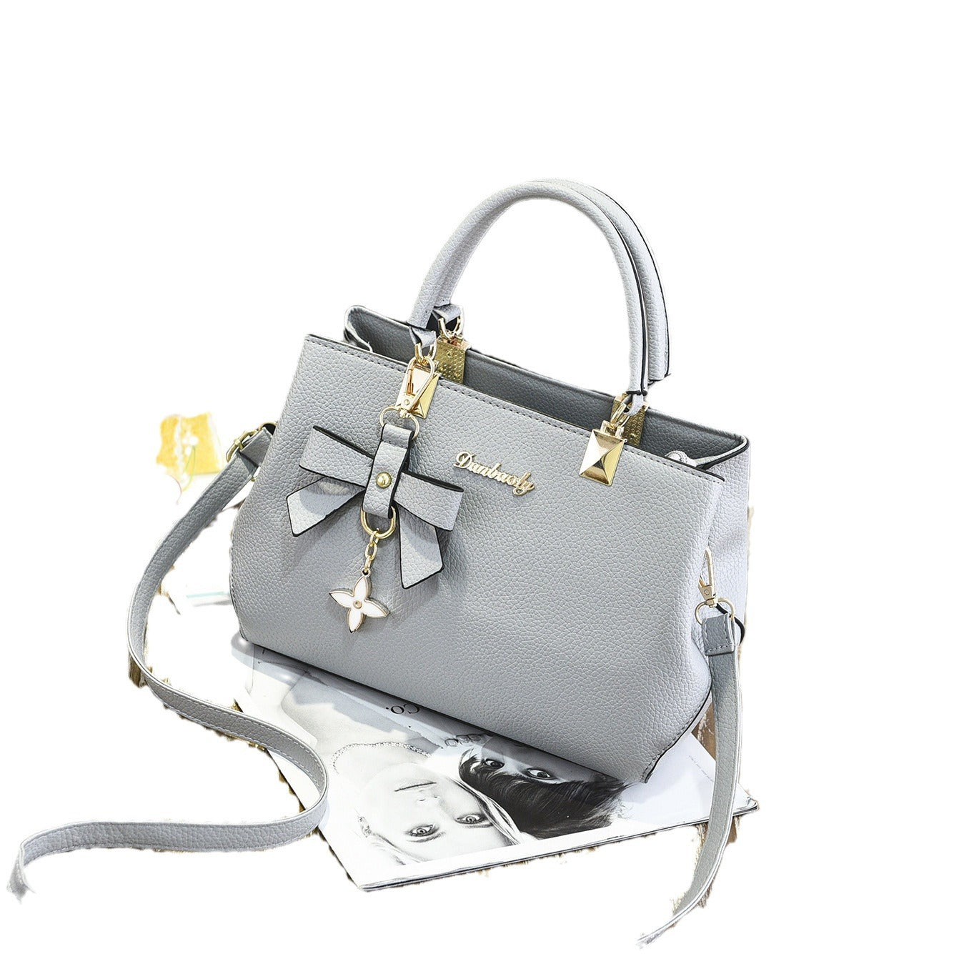 Black PU Leather Women's Shoulder Bag with Bow Charm